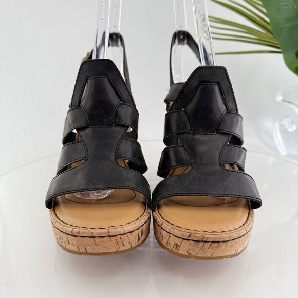 Born Bernese Womens Sandal Size 10 Black Leather Wedge Heel Open Toe Retro Caged - Picture 4 of 16